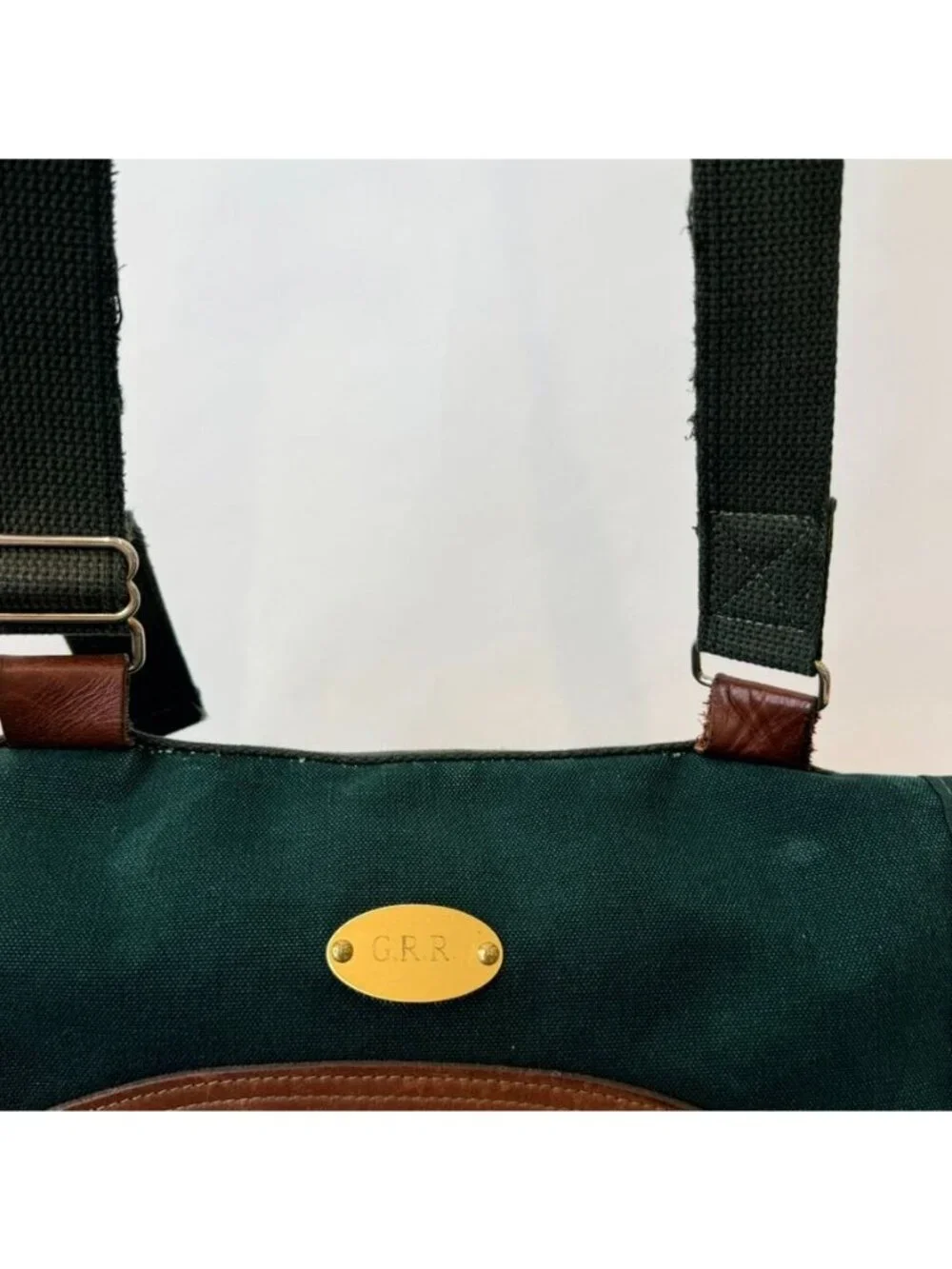 Orvis Vintage Leather Canvas Messenger Bag Green Brown Crossbody Satchel